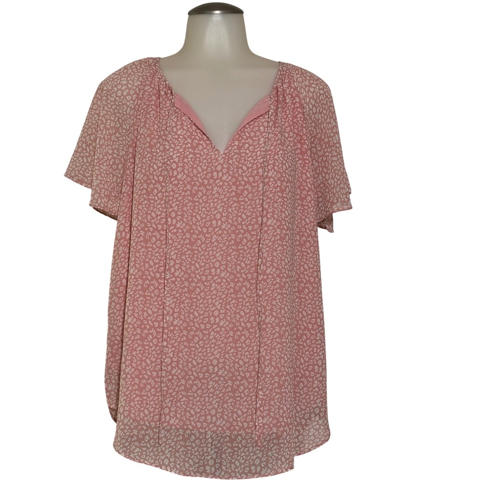 Leopard Print Blouse Women Size L Pink White Flutter Sleeve Tie Neck NWOT Pretty